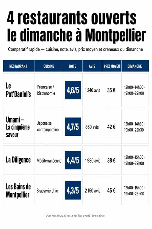 Restaurants ouverts dimanche Montpellier : comparaison visuelle des adresses, notes, avis, prix moyens et créneaux du dimanche