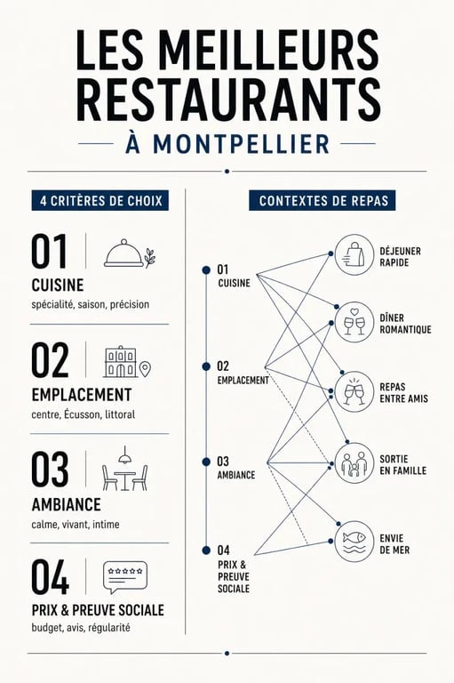 Infographie Montpellier best restaurants : critères de choix entre cuisine, emplacement, ambiance et prix pour choisir rapidement une bonne adresse