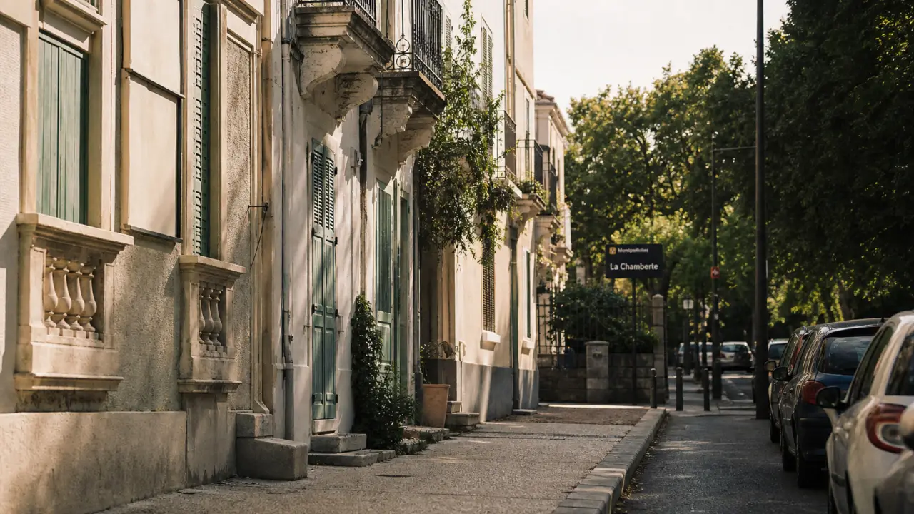 Quartier chamberte montpellier : rue calme, immeubles et arbres
