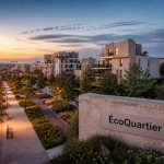 Quartier Ovalie Montpellier : vue passerelle, écoquartier et espaces verts