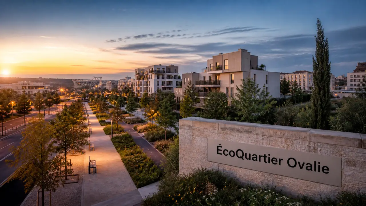 Quartier Ovalie Montpellier : vue passerelle, écoquartier et espaces verts
