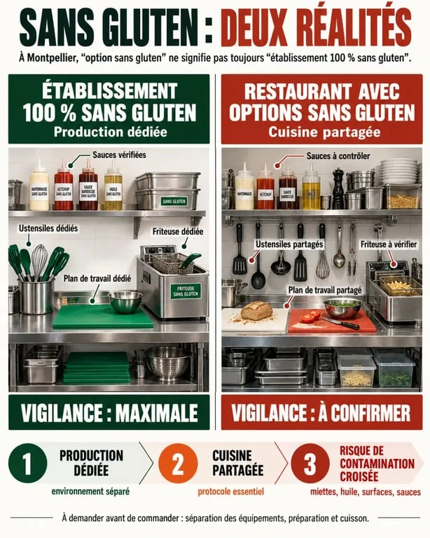 Restaurants sans gluten Montpellier : différence entre établissement 100 % sans gluten et options avec risque de contamination croisée