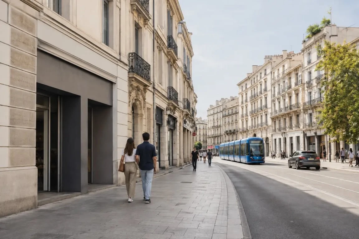 Quartier gambetta montpellier, vue du Cours Gambetta à Montpellier avec commerces et tramway