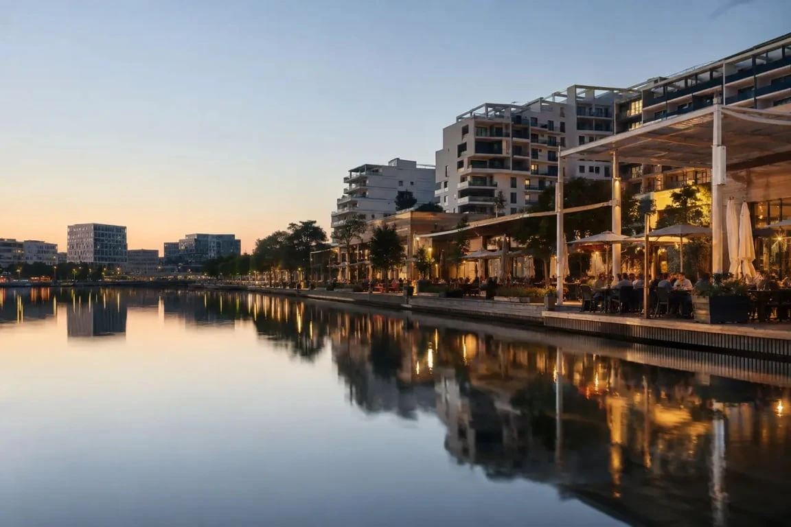 Restaurants bassin jacques coeur montpellier au bord de l’eau à Port Marianne, terrasse au coucher du soleil