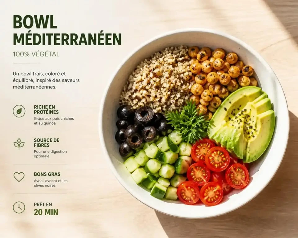 Bowl méditerranéen vegan à préparer chez soi après un repas vegan à Montpellier