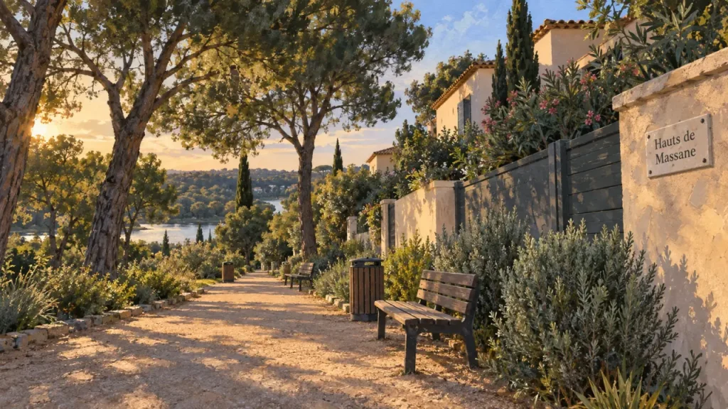 Hauts de Massane à Montpellier : chemin arboré et résidences, nature et services