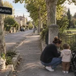 La martelle Montpellier : panneau et rue résidentielle près d’un parc