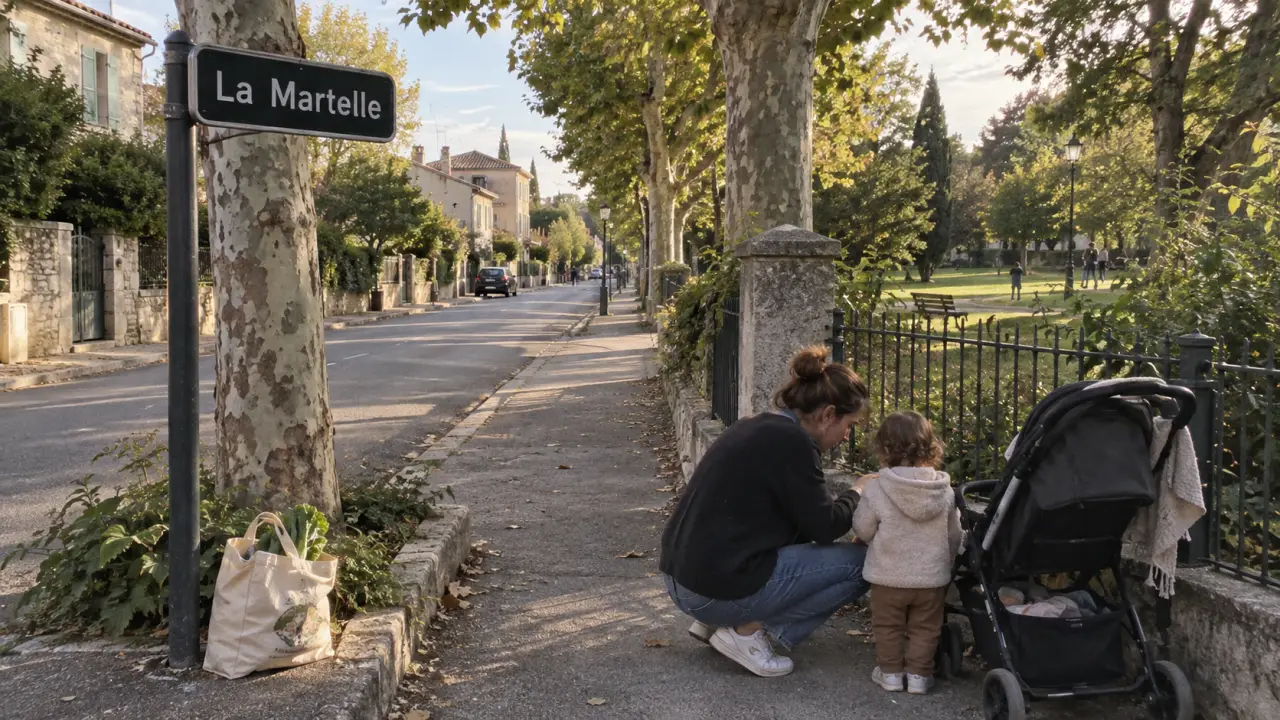 La martelle Montpellier : panneau et rue résidentielle près d’un parc