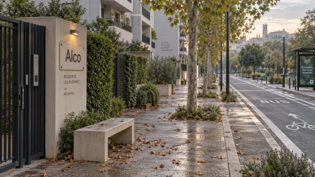 Montpellier Alco : rue calme, bien desservie, au lever du jour