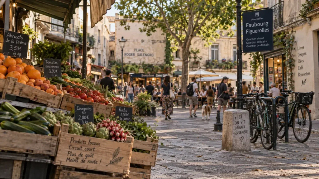 montpellier figuerolle : ruelle et marché, place Roger Salengro