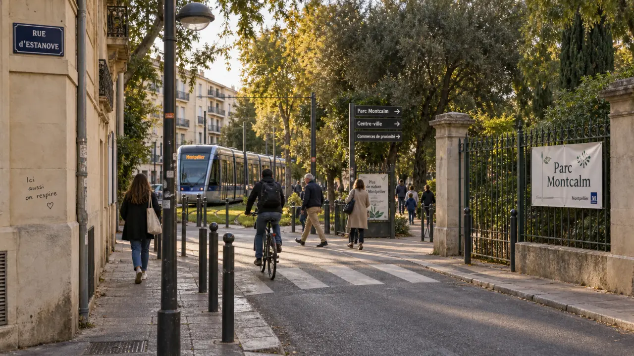 Quartier Estanove Montpellier : rue résidentielle vers le parc Montcalm