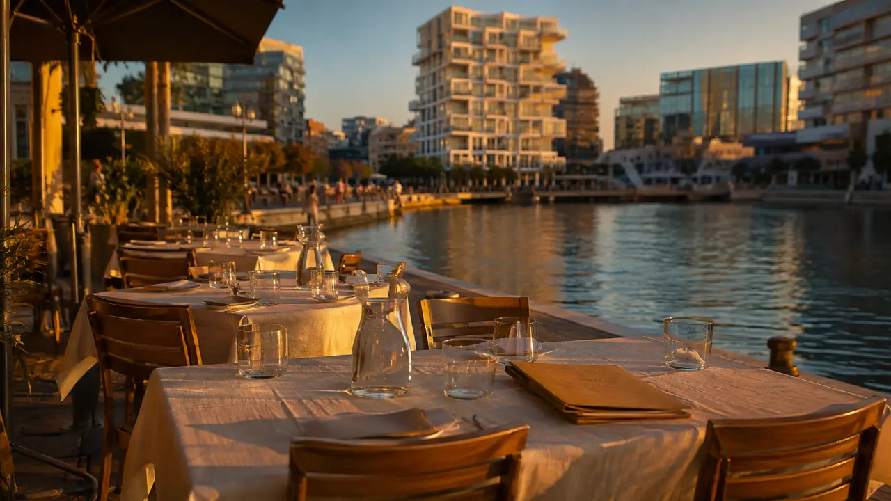 Terrasse de restaurants bassin Jacques Cœur Montpellier au coucher du soleil