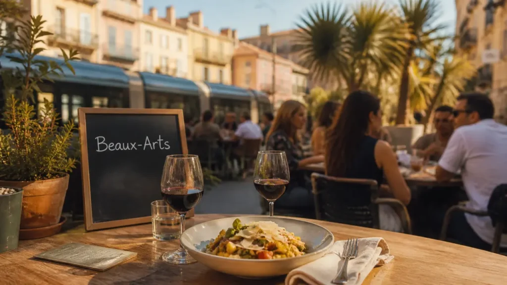 Terrasse animée quartier Beaux-Arts à Montpellier, restaurants beaux arts montpellier, cuisine italienne et vin rouge