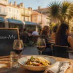 Terrasse animée quartier Beaux-Arts à Montpellier, restaurants beaux arts montpellier, cuisine italienne et vin rouge