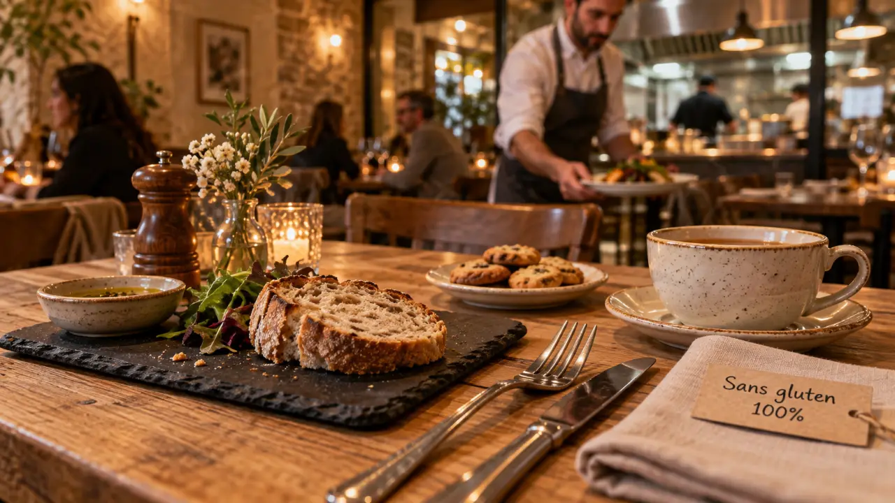 Restaurants sans gluten Montpellier : table avec pain sans gluten et étiquette