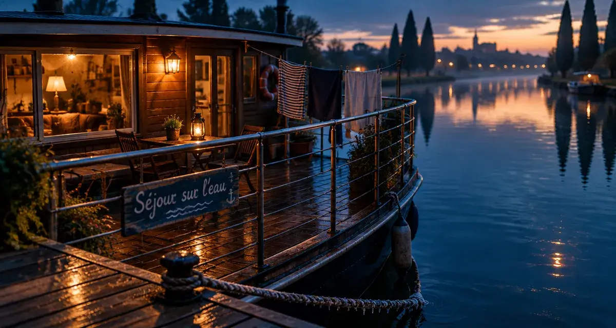 Hébergement insolite Montpellier : maison flottante au canal au crépuscule