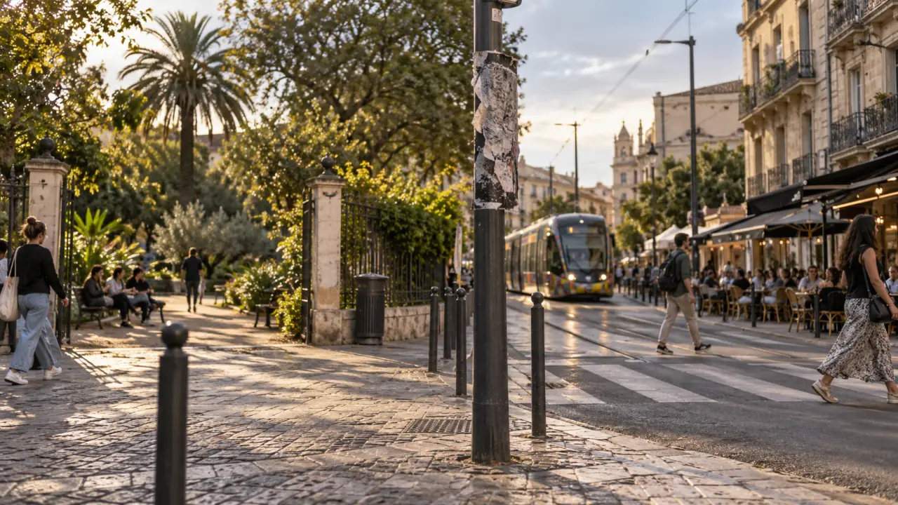 La croix d argent à Montpellier : tram, trottoir et passage piéton