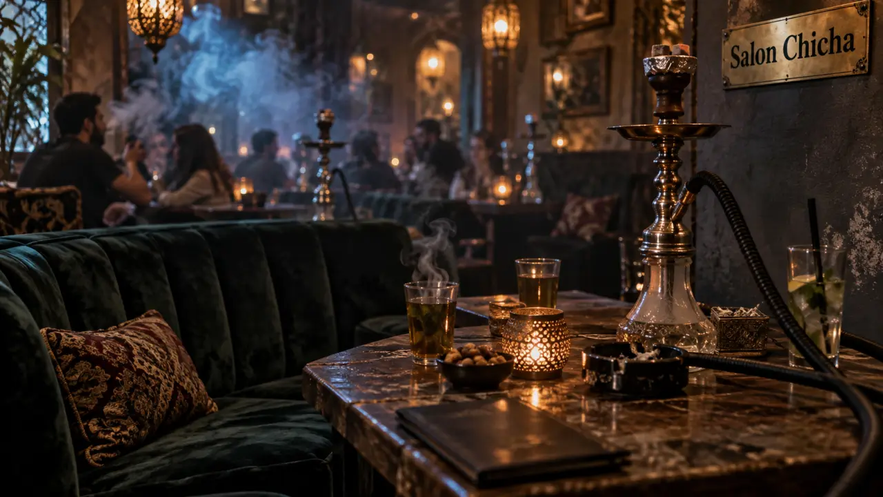 Select Montpellier, bar à chicha cosy avec tuyaux et fumée.
